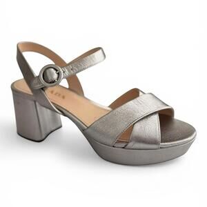 Prada Silver Saffiano Platform Sandal Block Heel Ankle Strap IT 38 Open-Toe Pump